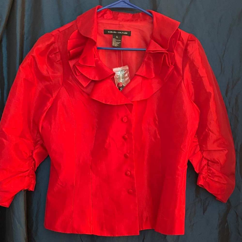 Red Ruffled Button-Up Blouse